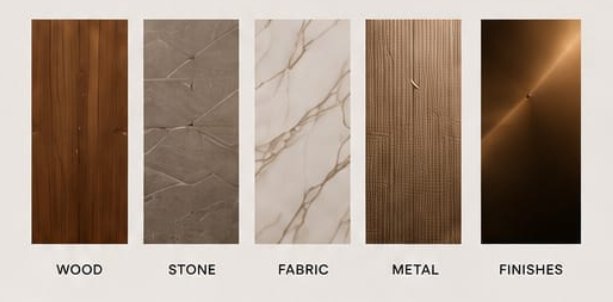Wood, stone, fabric, metal and finishes